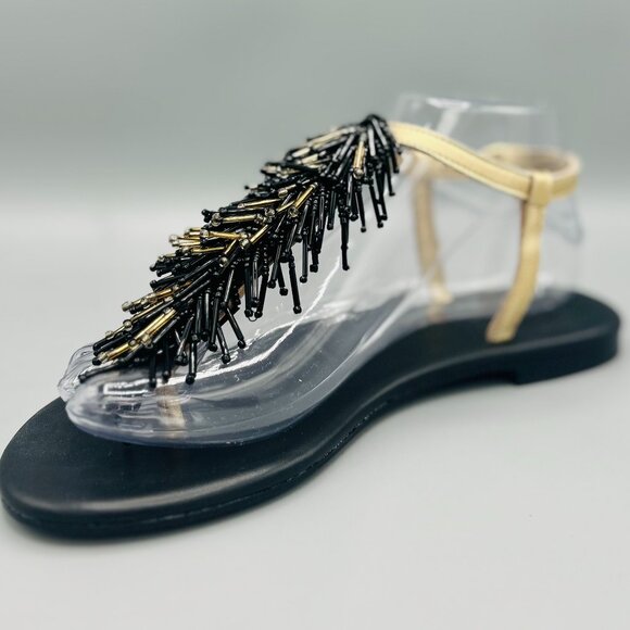 Chrysa Gold & Black Beaded Flat Sandals - Picture 1 of 3